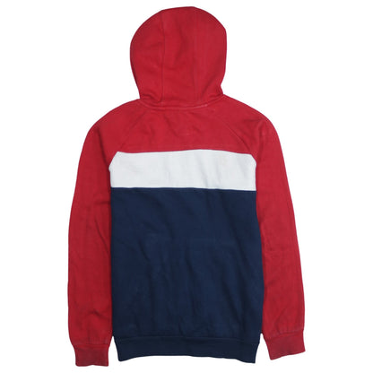 Close-up detail of Adidas boys’ red navy colourblock pullover hoodie, size 14, years