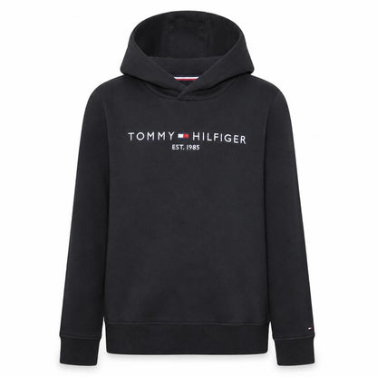 Front view of Tommy Hilfiger boys’ black pullover hoodie 164cm cotton blend logo design
