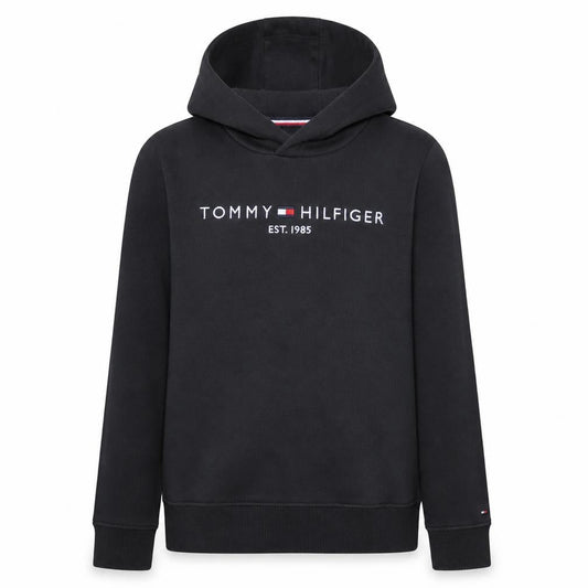 Front view of Tommy Hilfiger boys’ black pullover hoodie 164cm cotton blend logo design