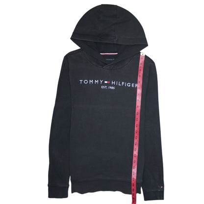 Close-up detail of Tommy Hilfiger boys’ black pullover hoodie 164cm cotton blend logo design