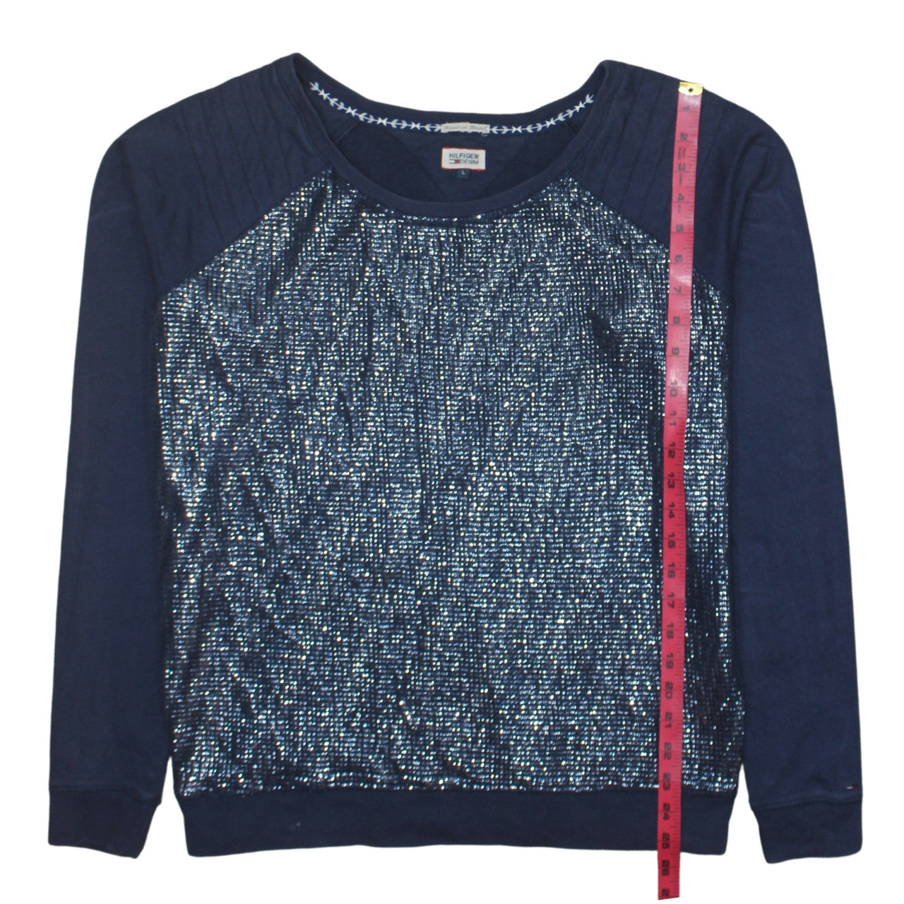 Hilfiger Denim Womens Navy Blue Sequin Pullover Sweatshirt Size L