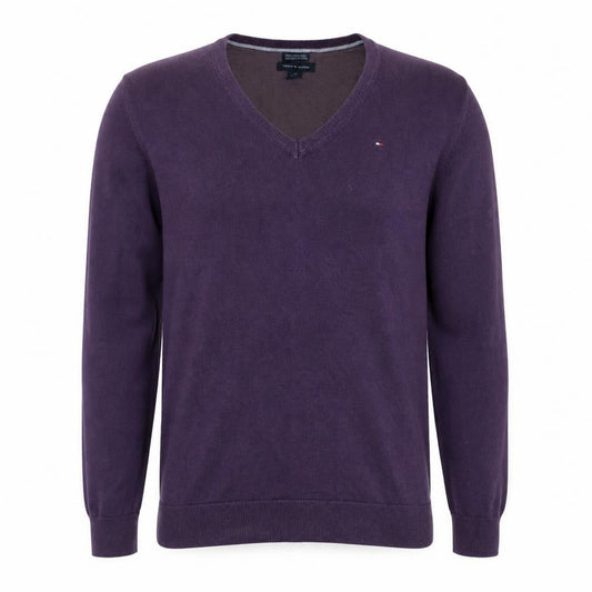 Tommy Hilfiger Men's Purple V-Neck Cotton Blend Jumper M