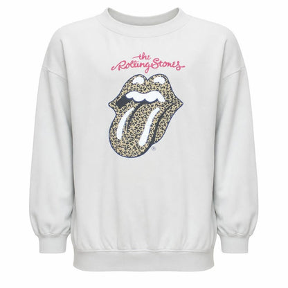 Front view of H&M girls’ white rolling stones leopard print pullover sweatshirt 10-12 years
