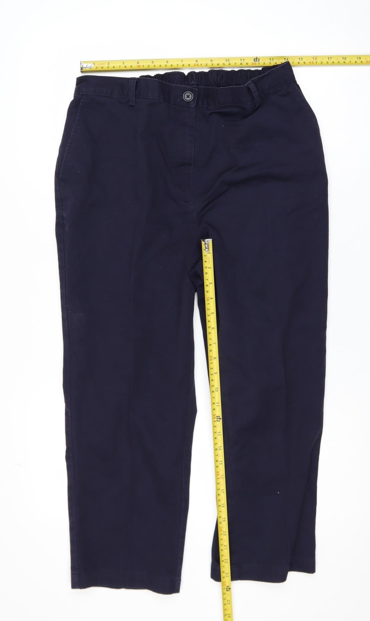 Lands' End Women's Navy High Rise Straight Leg Cotton Blend Trousers UK 16