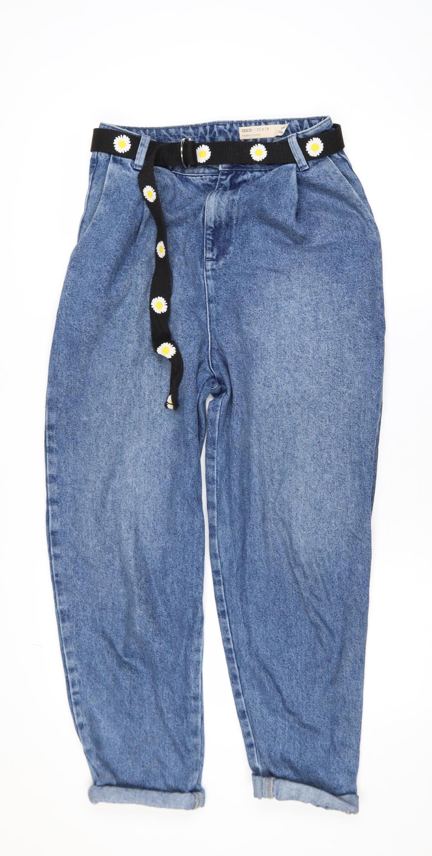 ASOS Women Blue Mom Jeans 28/32 High Waist Belted Denim