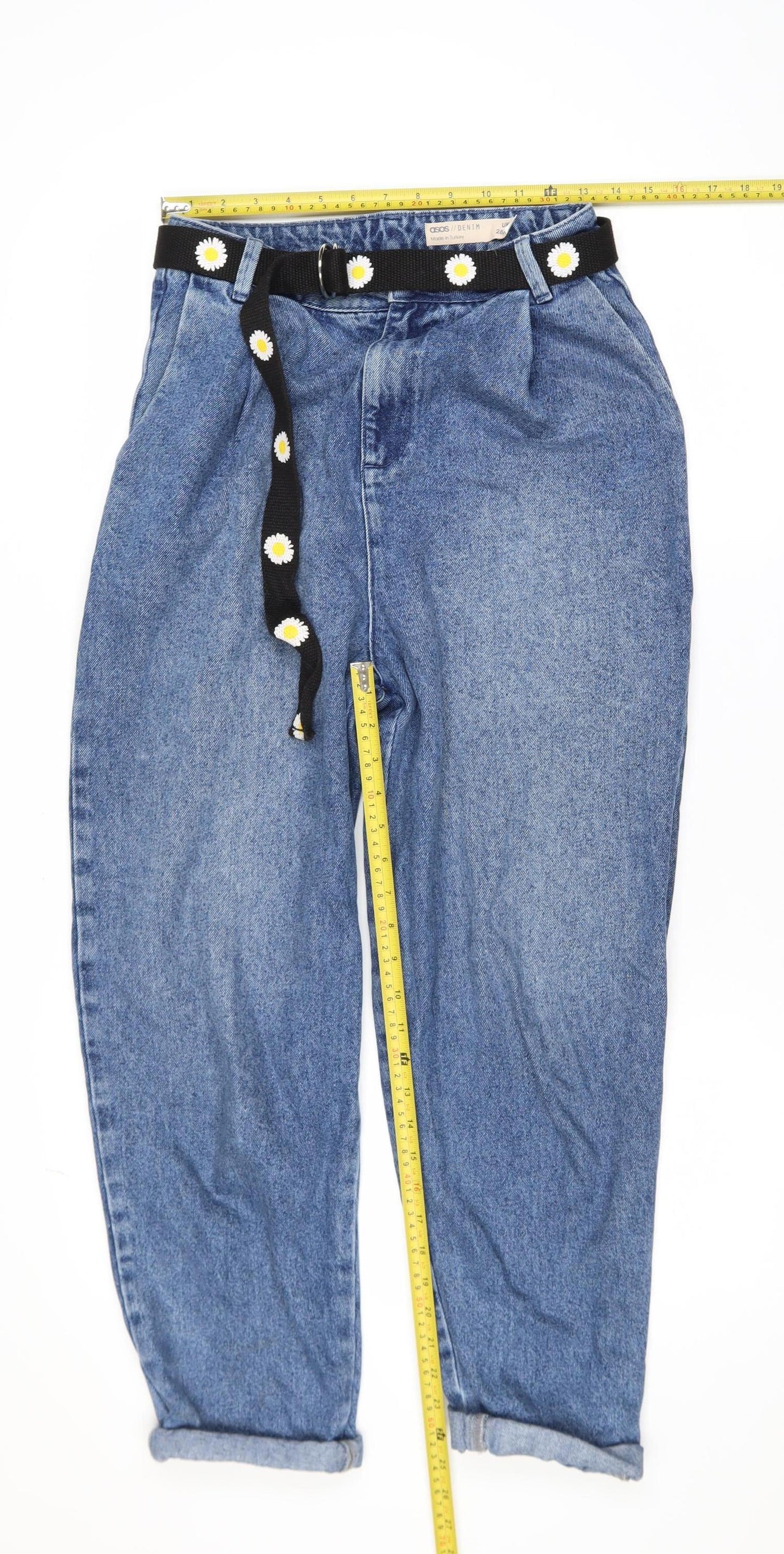 ASOS Women Blue Mom Jeans 28/32 High Waist Belted Denim