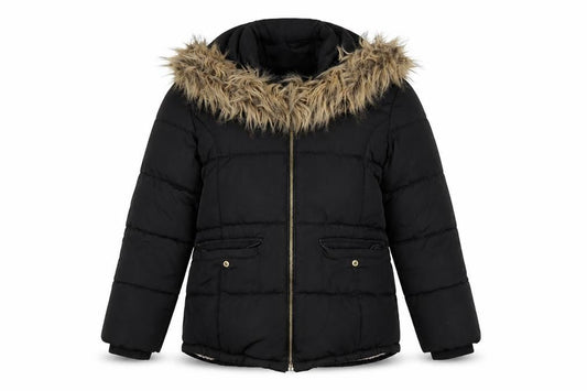 Front view of Next girls’ black faux fur hooded puffer jacket 9 years winter coat