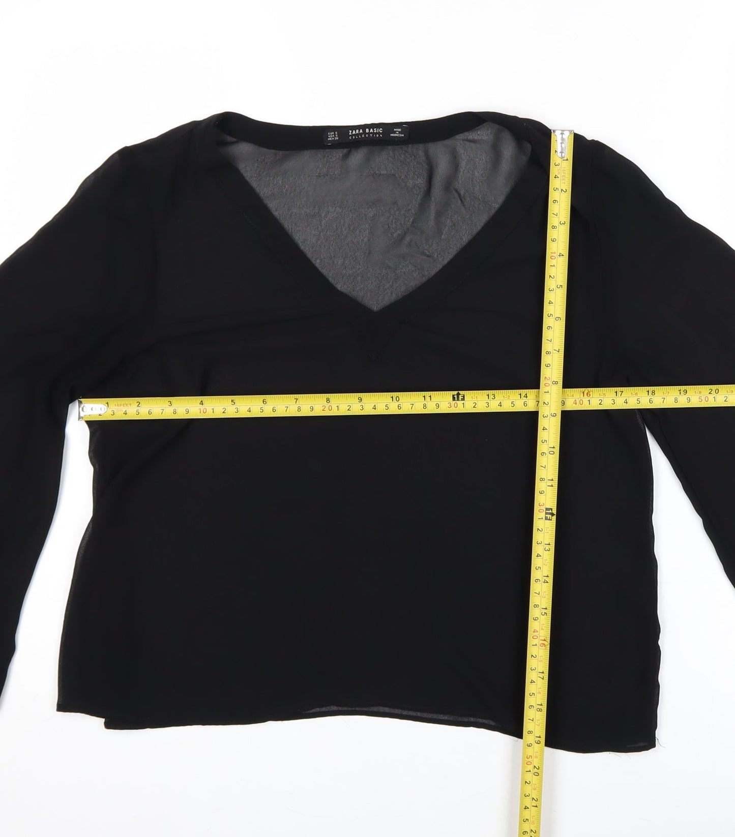 Zara Basic Women's Black V-Neck Long Sleeve Chiffon Blouse Size S