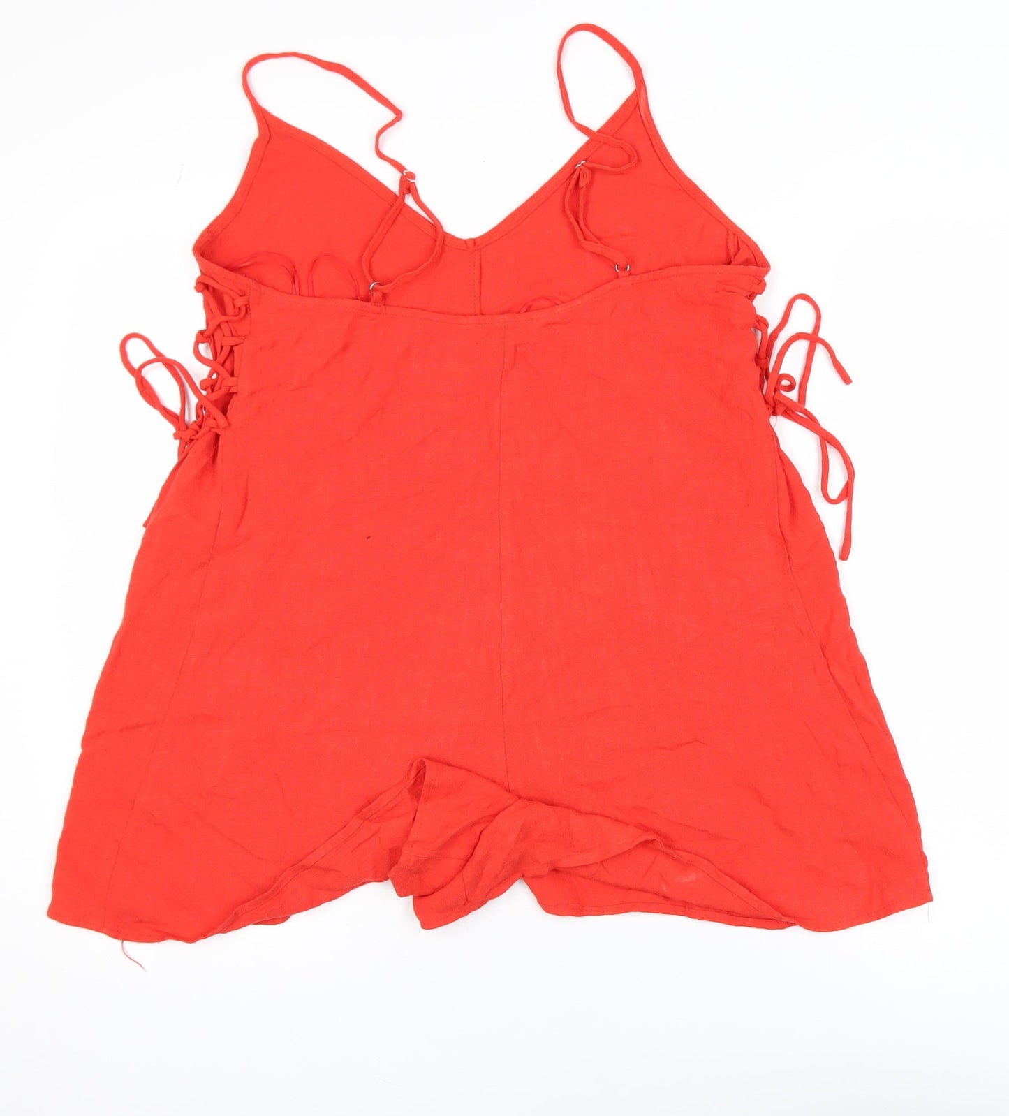 Stradivarius Women Red Linen Blend Sleeveless Tie Side Playsuit Size 12