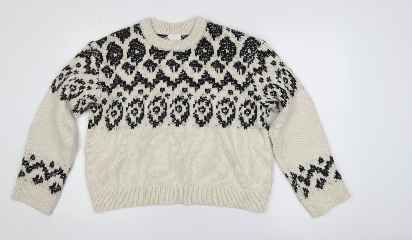 H&M Women's Ivory Black Geometric Knit Pullover Jumper Size M