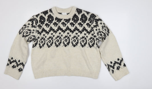 H&M Women's Ivory Black Geometric Knit Pullover Jumper Size M