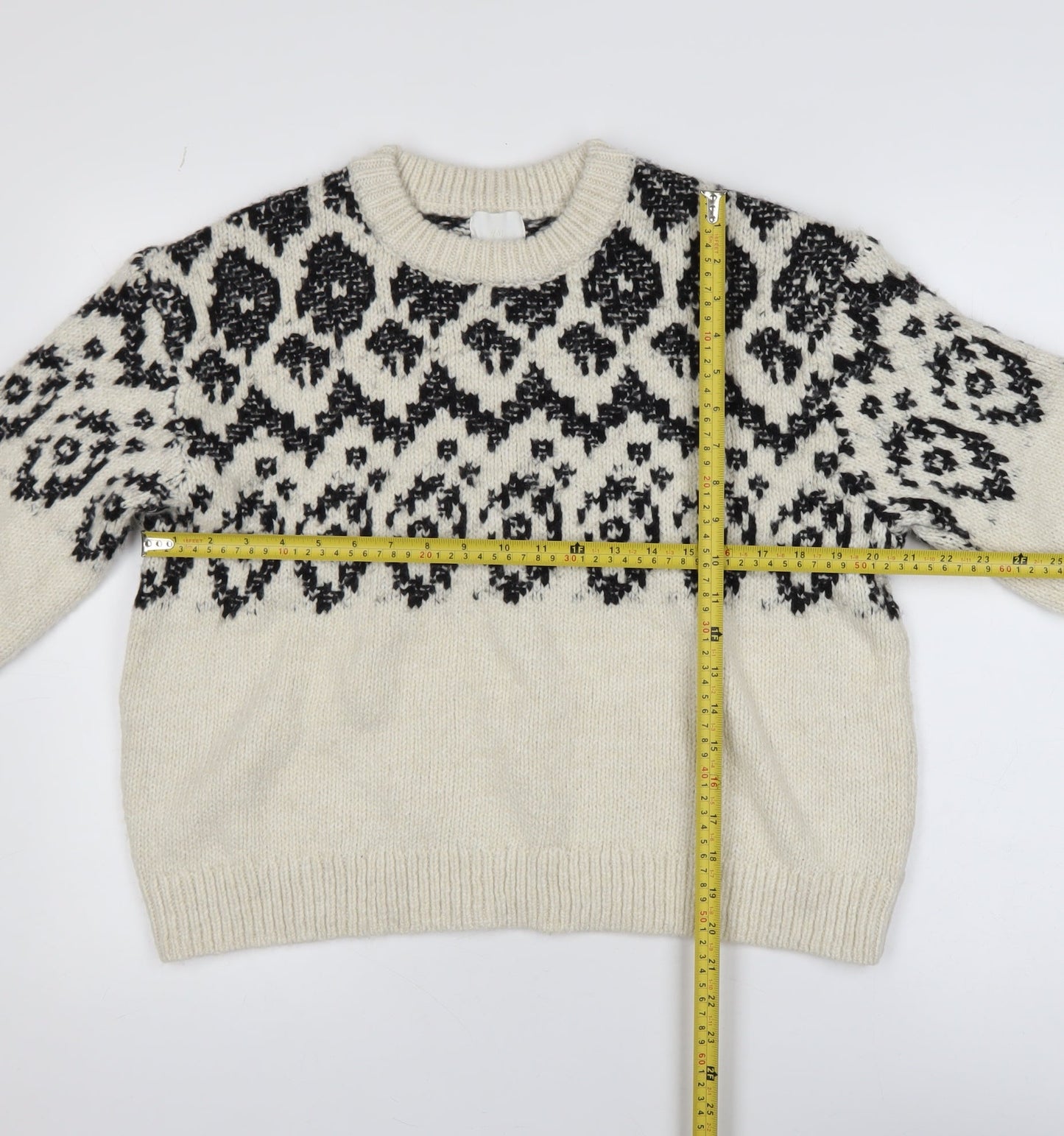 H&M Women's Ivory Black Geometric Knit Pullover Jumper Size M