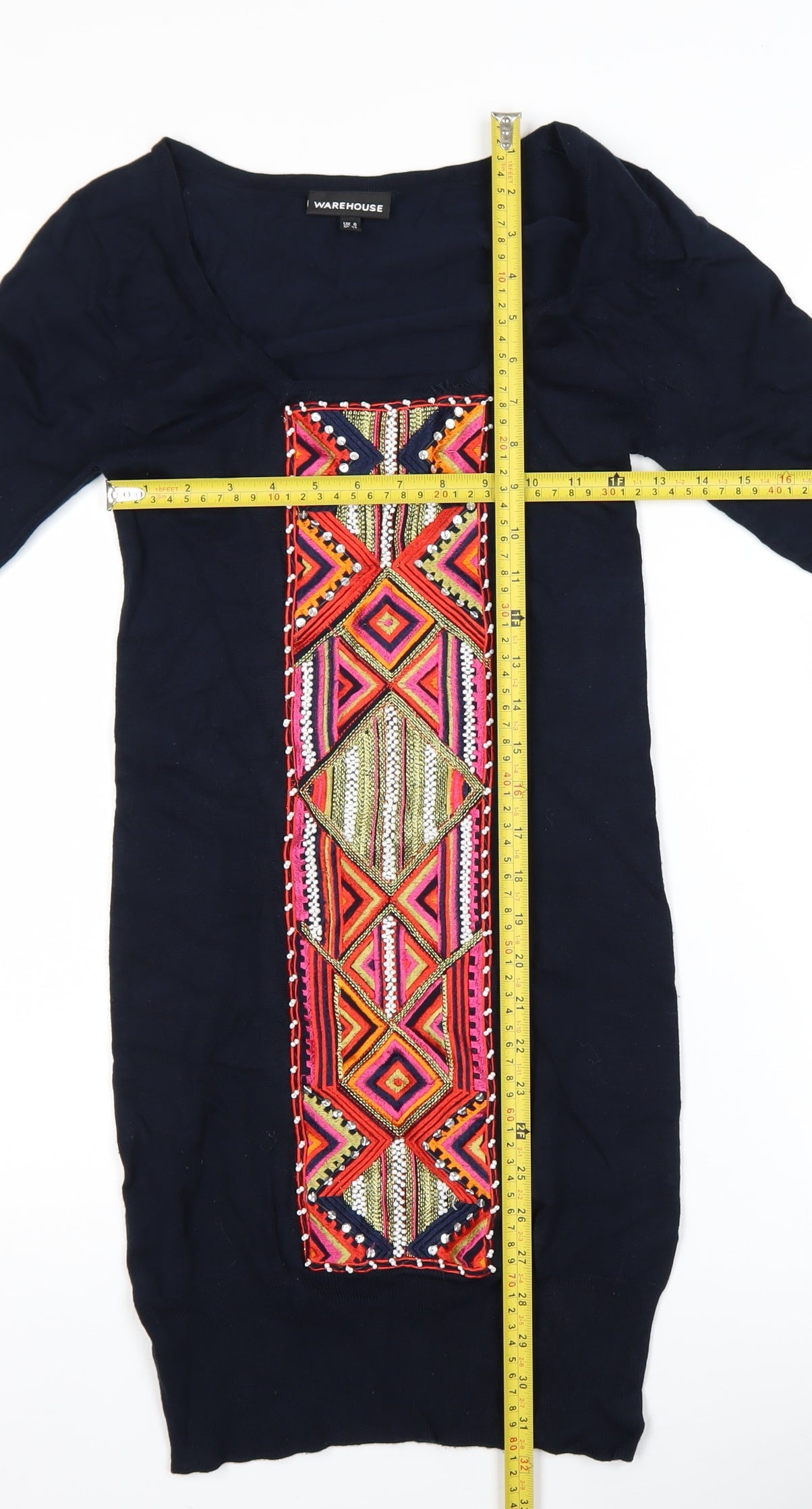 Warehouse Women Black UK 6 Bodycon Embroidered Long Sleeve Dress