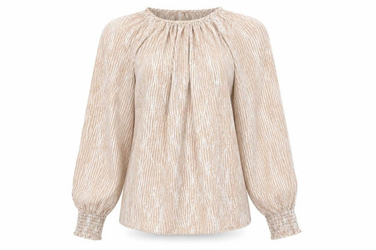 Front view of JD Williams Women's Beige Striped Long Sleeve Tunic Blouse, size 10