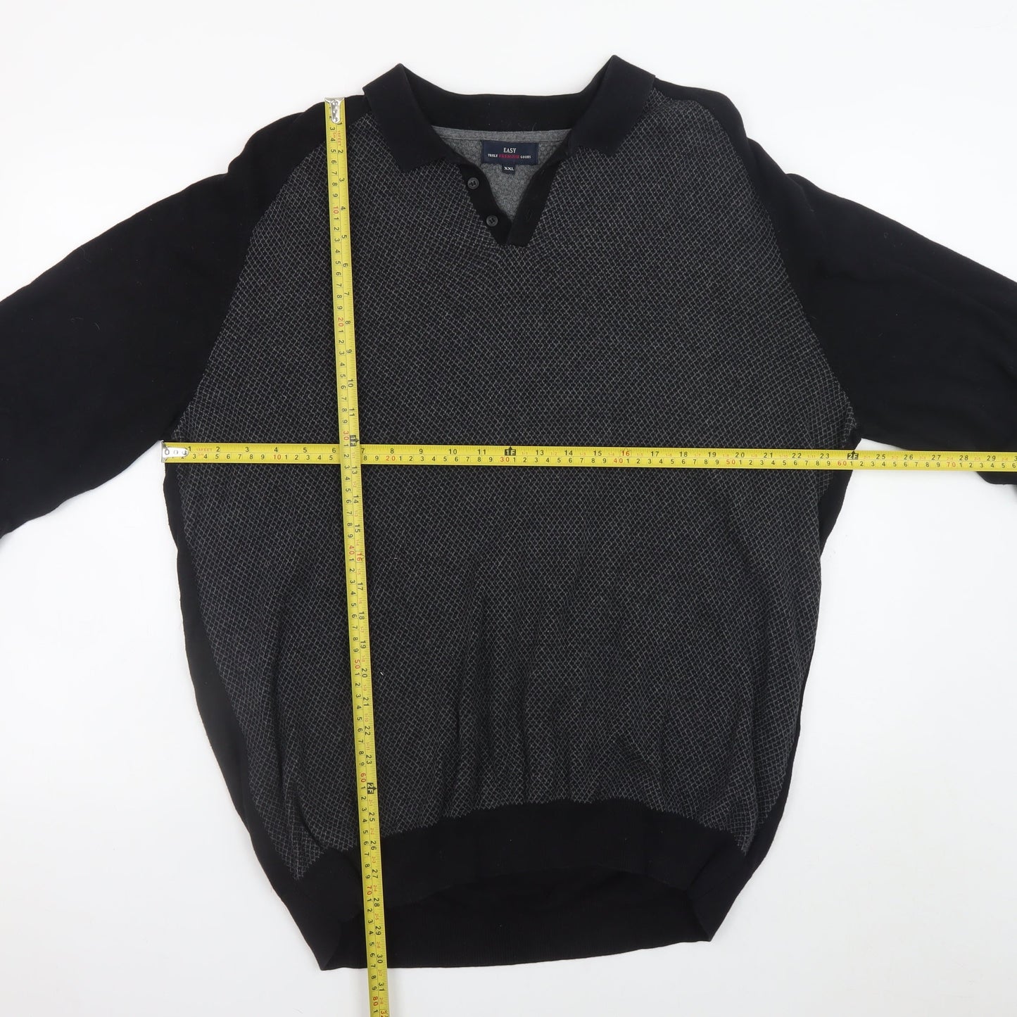 EASY Men’s Black 2XL Collared Long Sleeve Button-Up Cotton Jumper