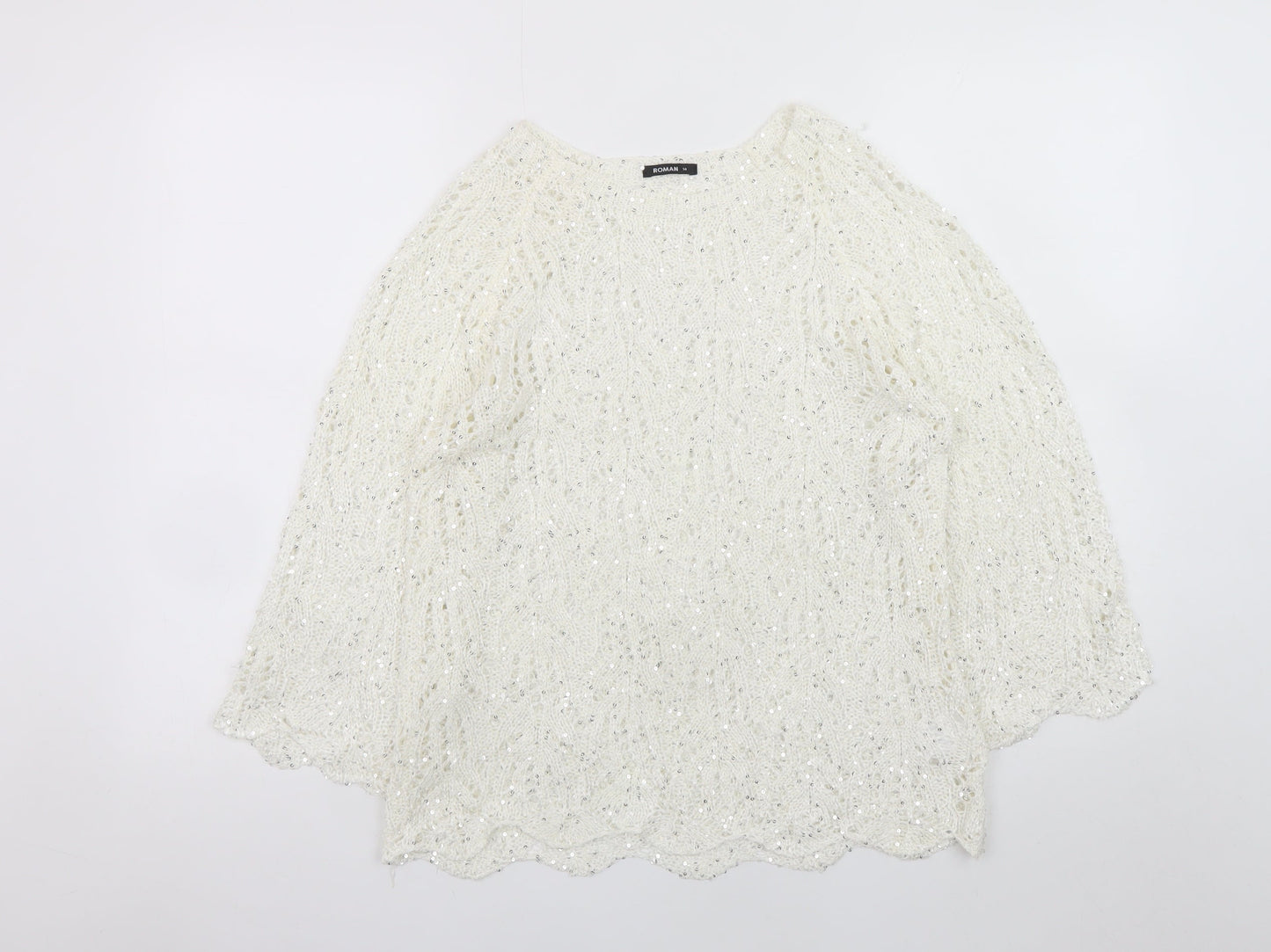 Roman Women Ivory Sequin Open-Knit 3/4 Sleeve Jumper Size 14