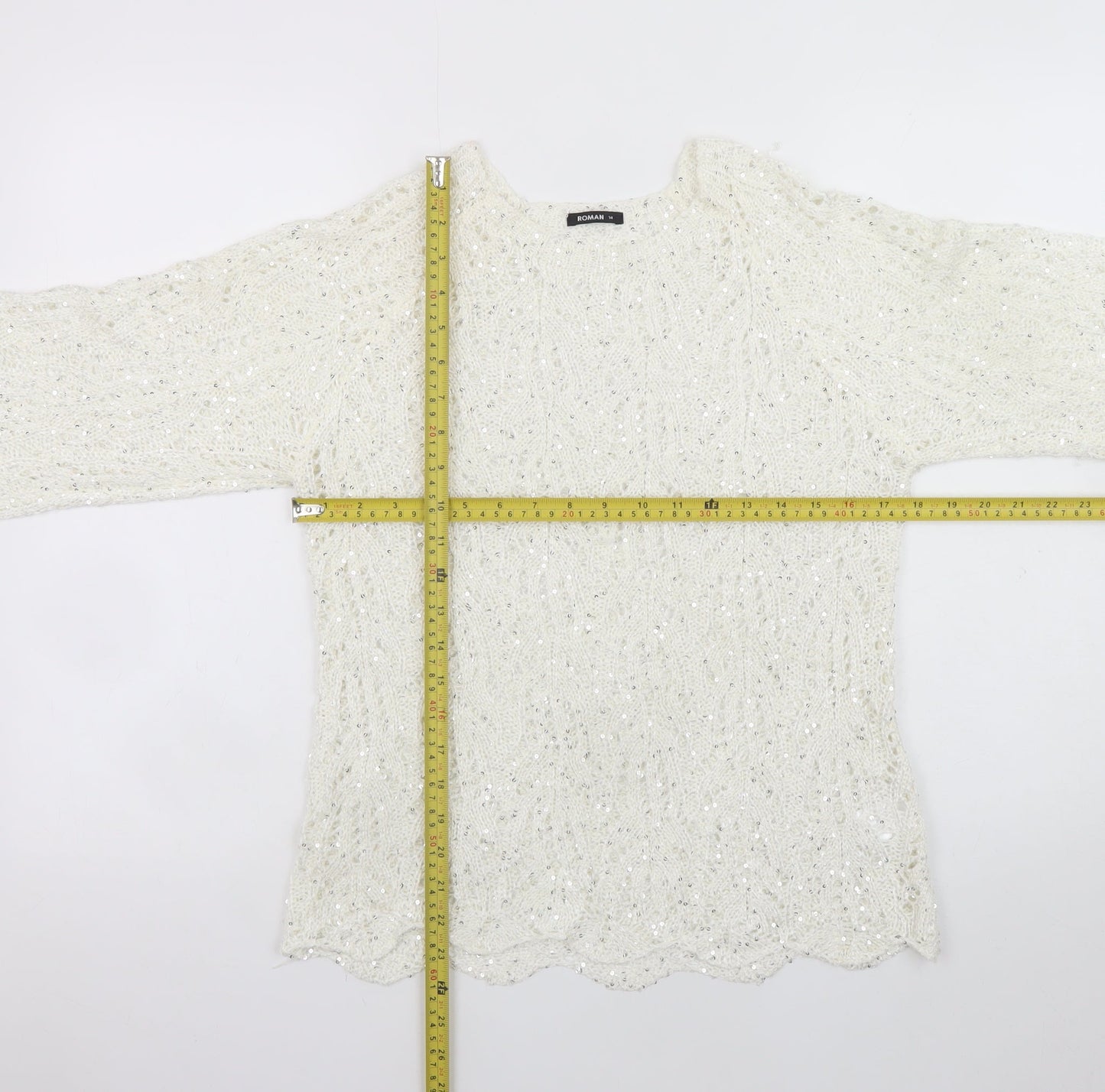 Roman Women Ivory Sequin Open-Knit 3/4 Sleeve Jumper Size 14