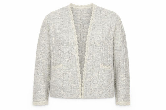 Front view of Palmer Heritage women’s grey, size UK 16, cable knit cardigan