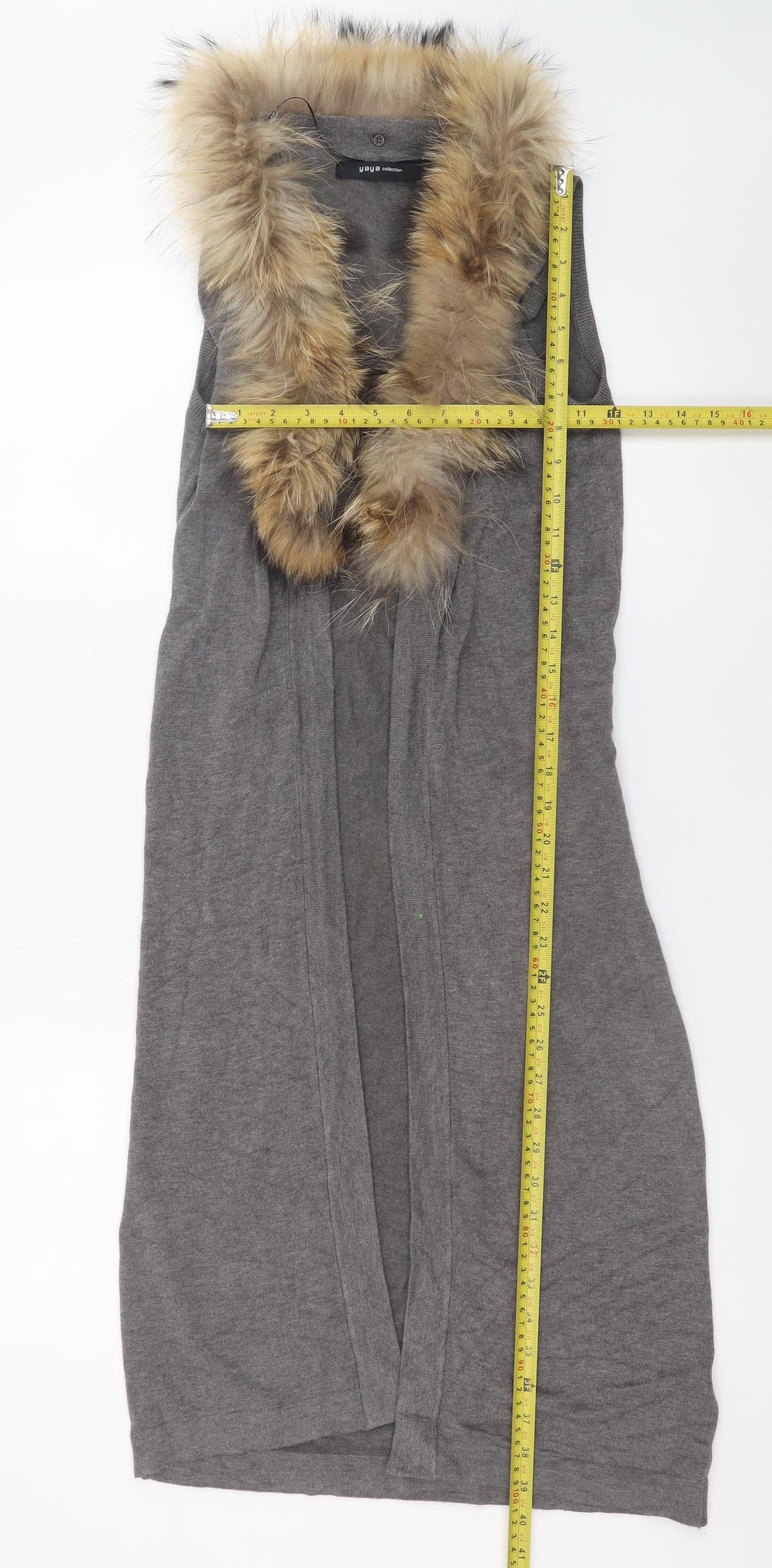 Yaya Women Grey Sleeveless Fur Trim Knit Long Cardigan S