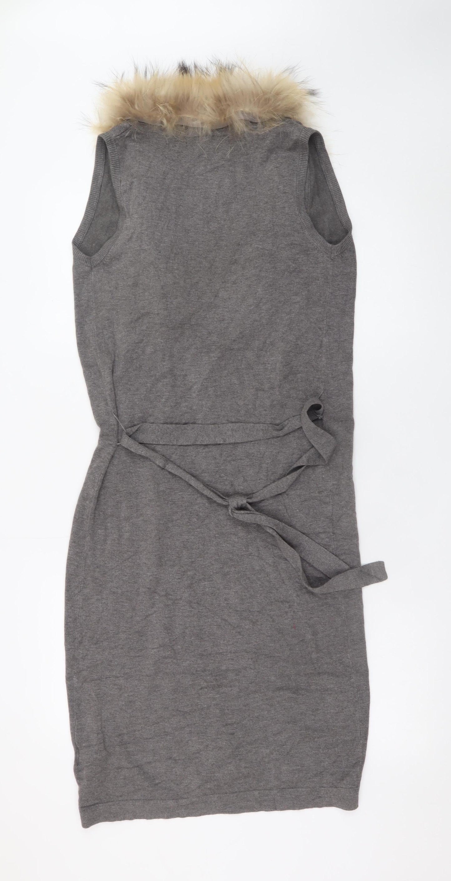 Yaya Women Grey Sleeveless Fur Trim Knit Long Cardigan S