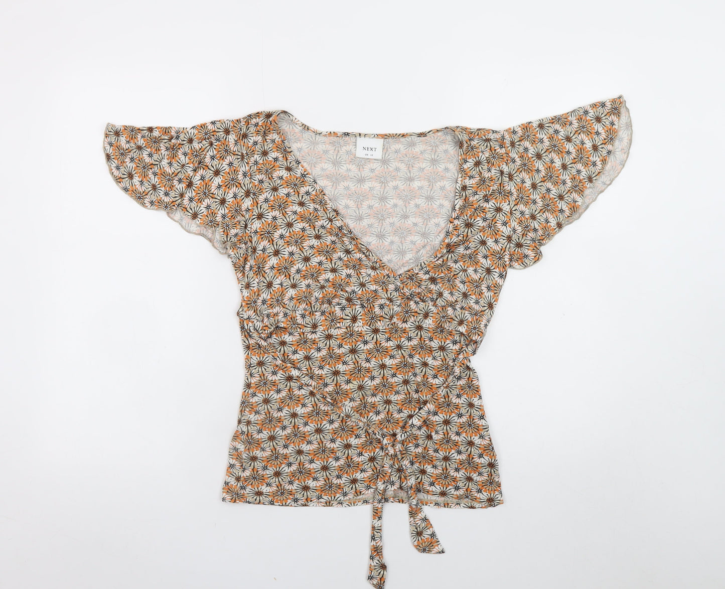 Next Women Orange Floral Wrap Blouse UK 10 V-Neck Flutter Sleeve