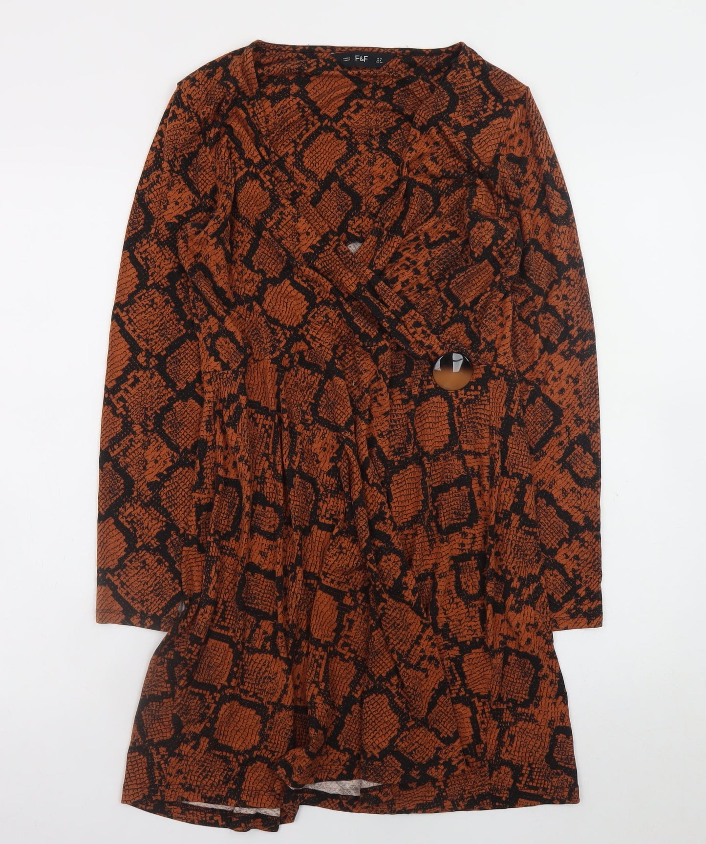 F&F Women Brown Snake Print Wrap Dress UK 12 Long Sleeve