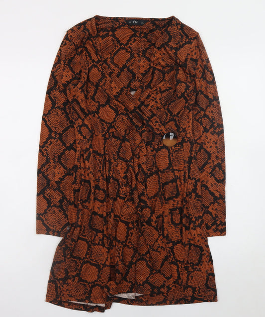 F&F Women Brown Snake Print Wrap Dress UK 12 Long Sleeve