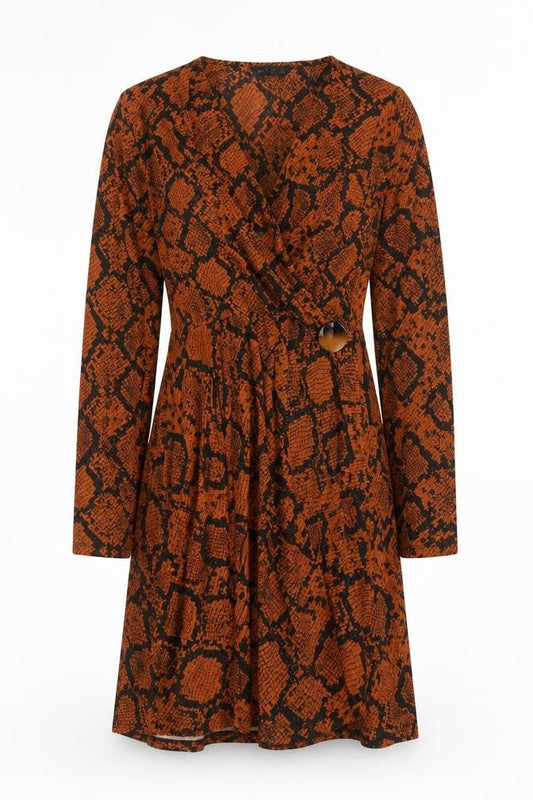 F&F Women Brown Snake Print Wrap Dress UK 12 Long Sleeve