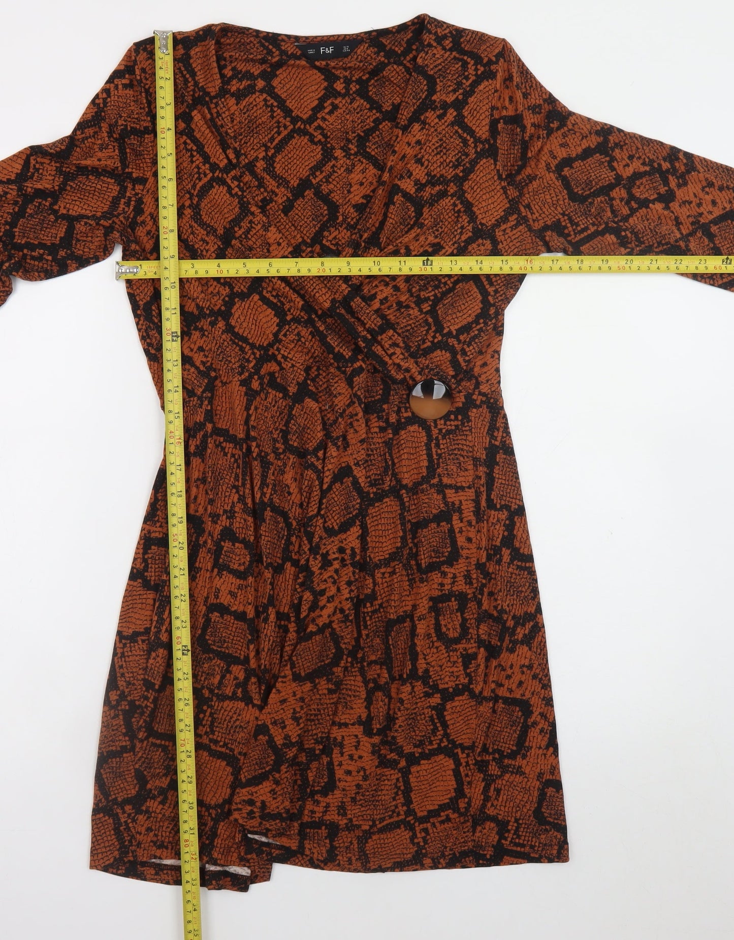 F&F Women Brown Snake Print Wrap Dress UK 12 Long Sleeve