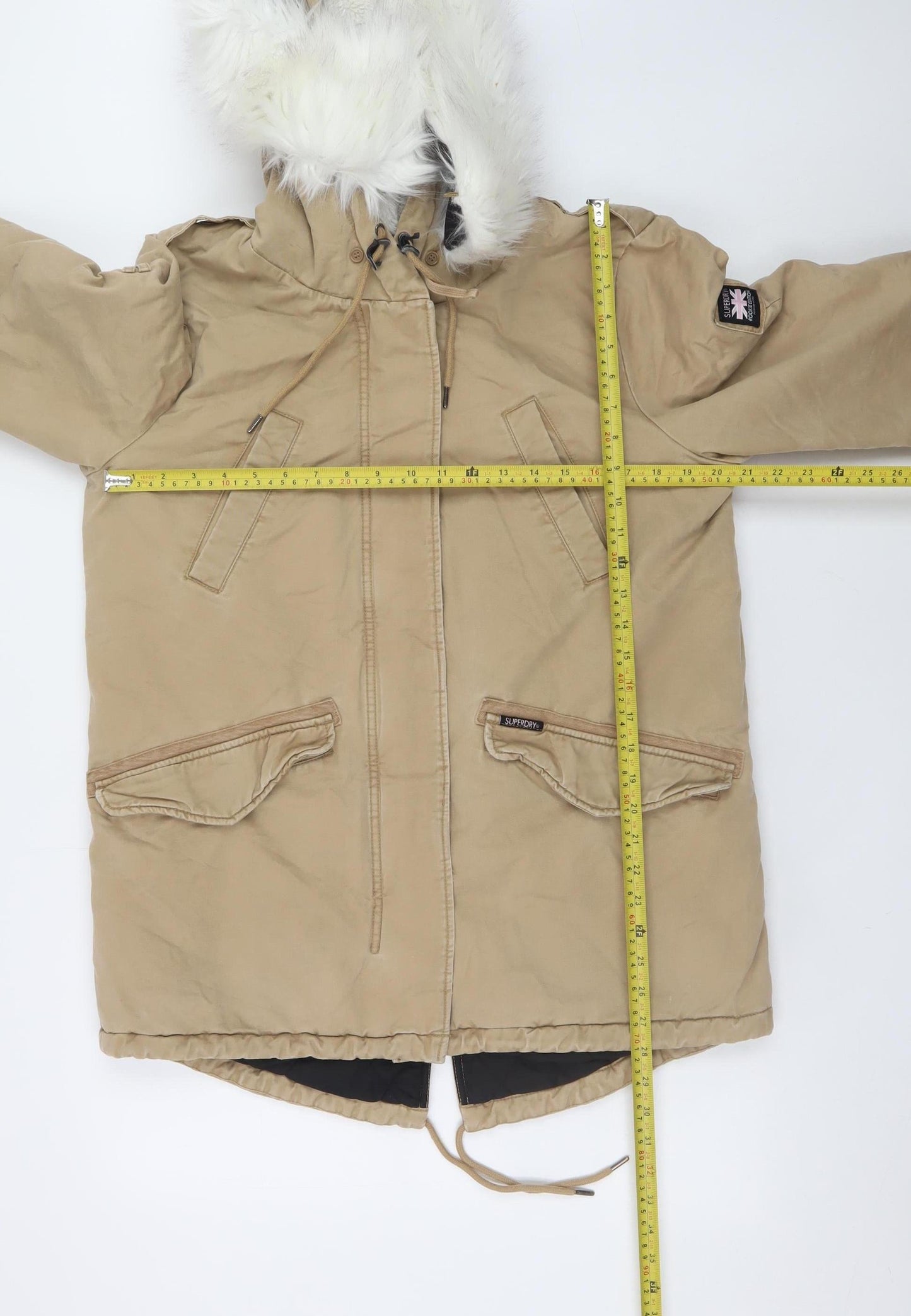 Superdry Women's Beige Faux Fur Hooded Parka Coat Size 12