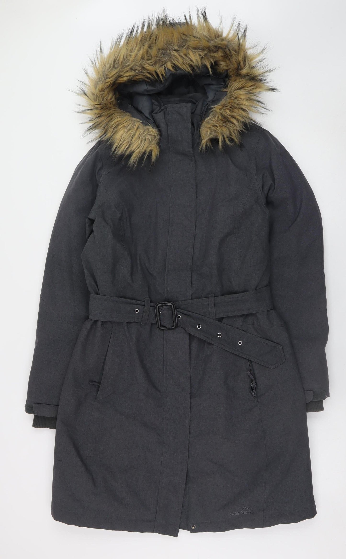 Peter Storm Women's Black Faux Fur Hooded Belted Parka Coat Size 12