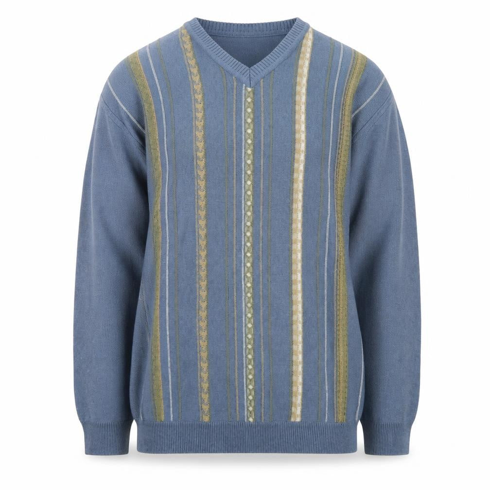 Greenwoods Mens Blue V-Neck Striped Cotton Acrylic Jumper M
