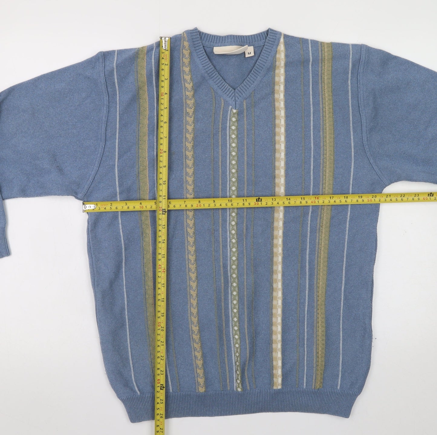 Greenwoods Mens Blue V-Neck Striped Cotton Acrylic Jumper M