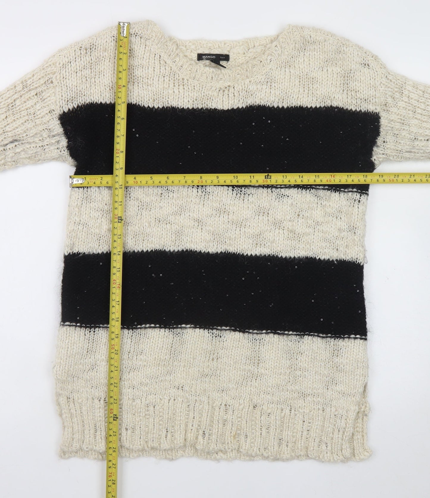 Mango Women’s Black Beige Stripe Knit Wool Blend Jumper Size 14