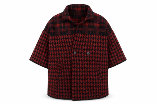 Front view of French Connection Women's Red Houndstooth Wool Blend Mid-Length Coat L