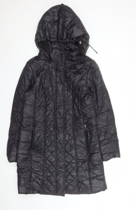Ashley Brooke Womens Black Quilted Long Hooded Puffer Coat Size 16