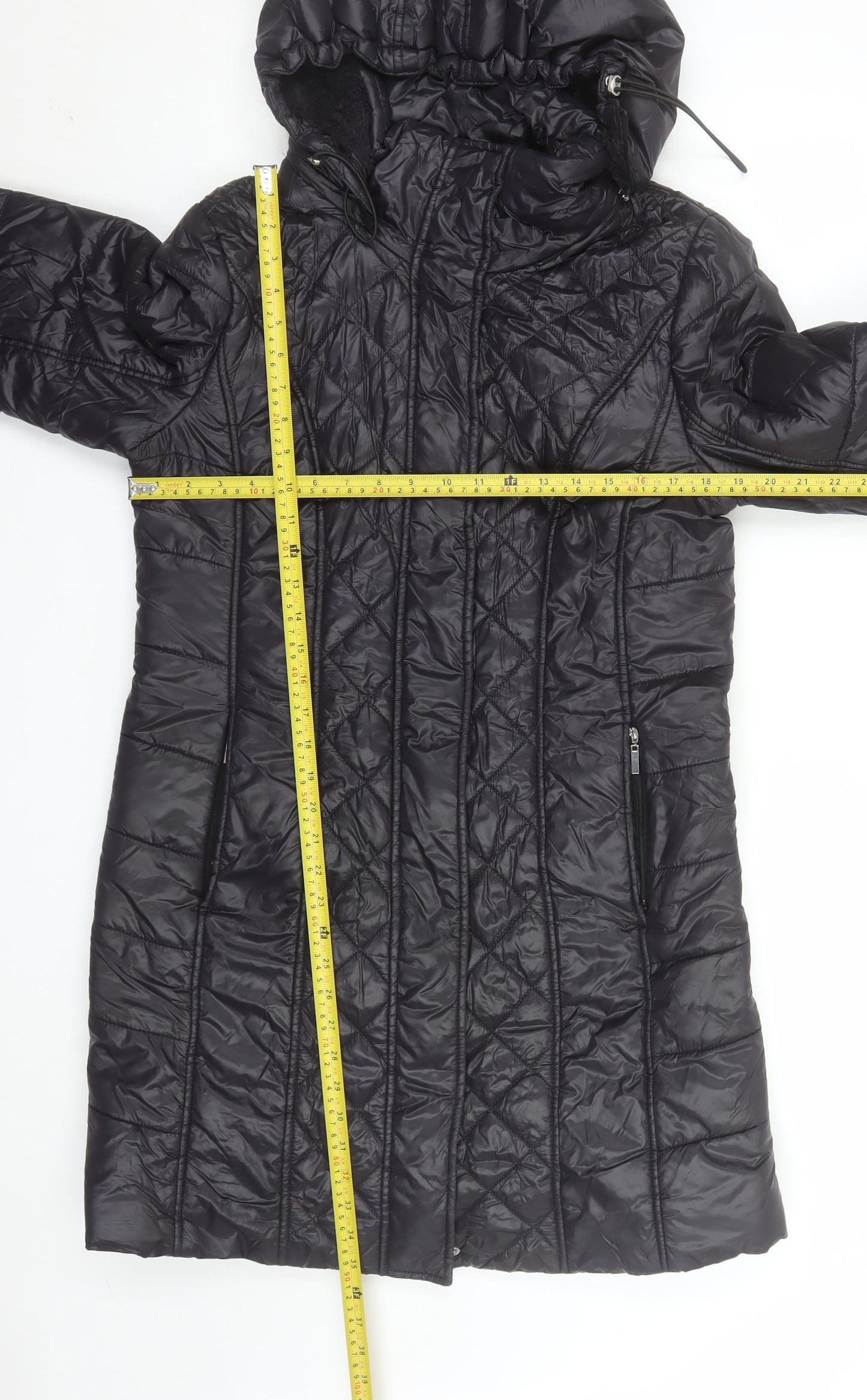 Ashley Brooke Womens Black Quilted Long Hooded Puffer Coat Size 16