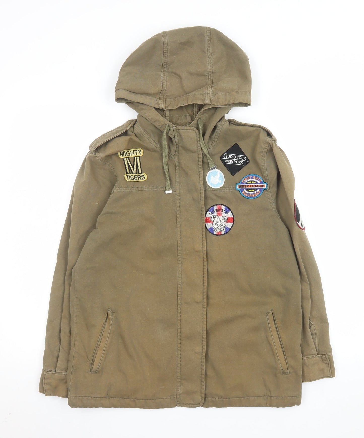Topshop Women’s Green Hooded Military Jacket UK 8 Cotton Patches