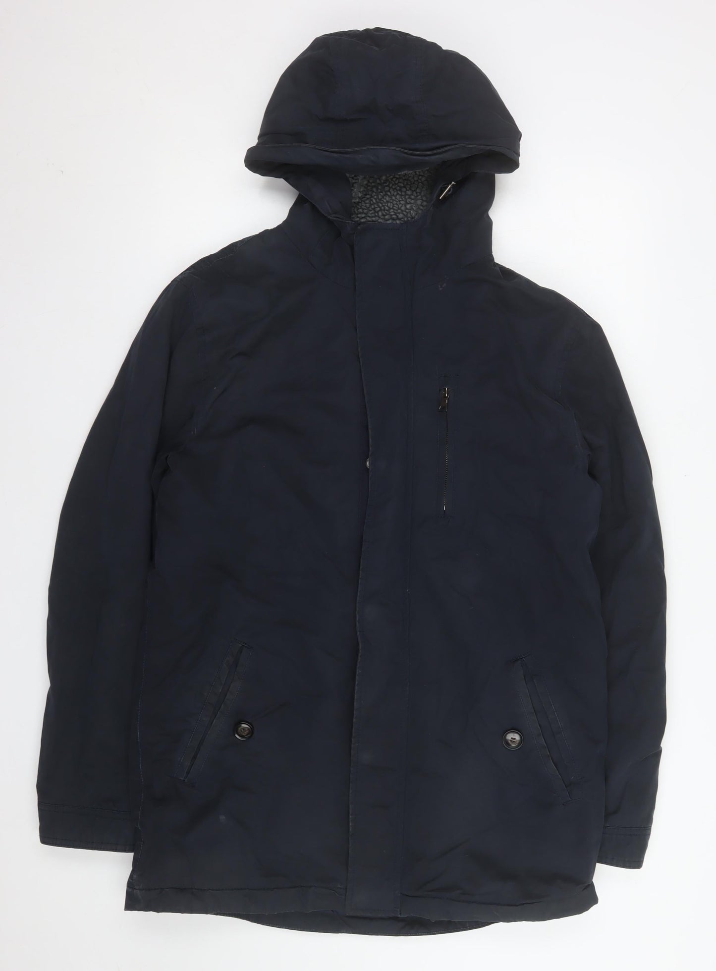 Criminal Mens Blue Cotton Parka Hooded Shower Resistant Jacket M
