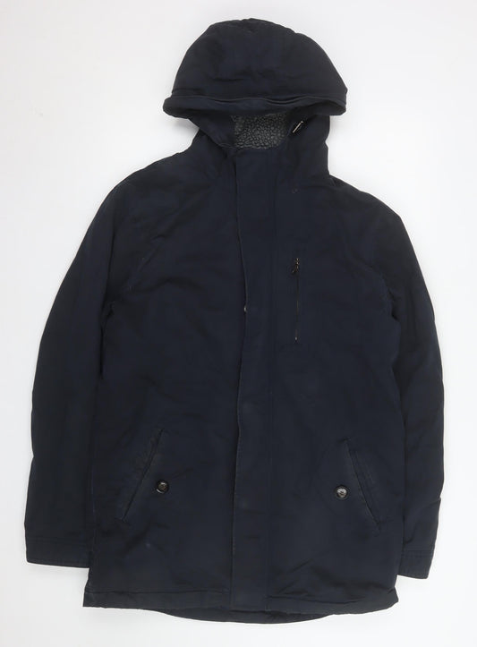 Criminal Mens Blue Cotton Parka Hooded Shower Resistant Jacket M