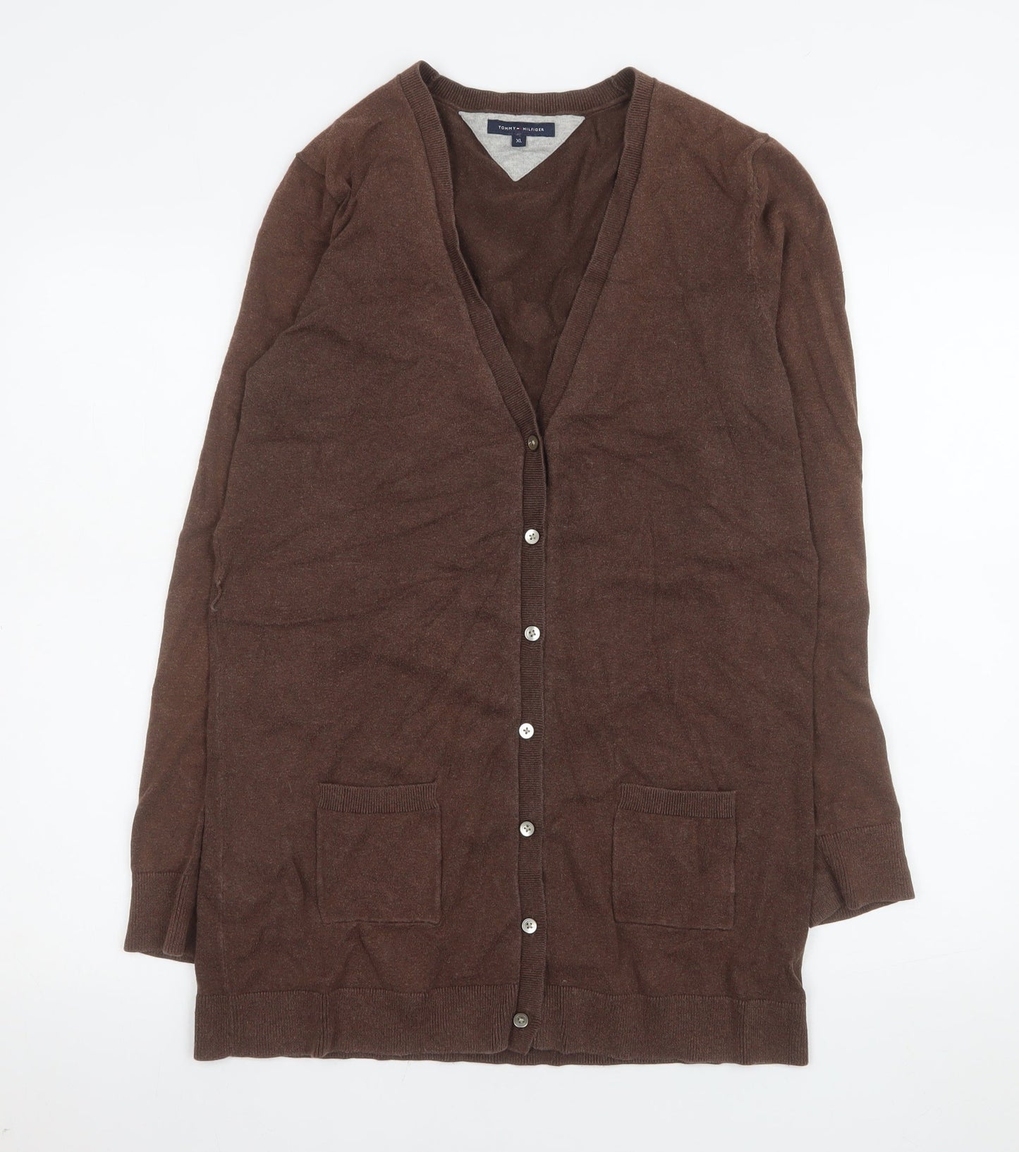 Tommy Hilfiger Women's Brown XL V-Neck Long Sleeve Cotton Cashmere Cardigan