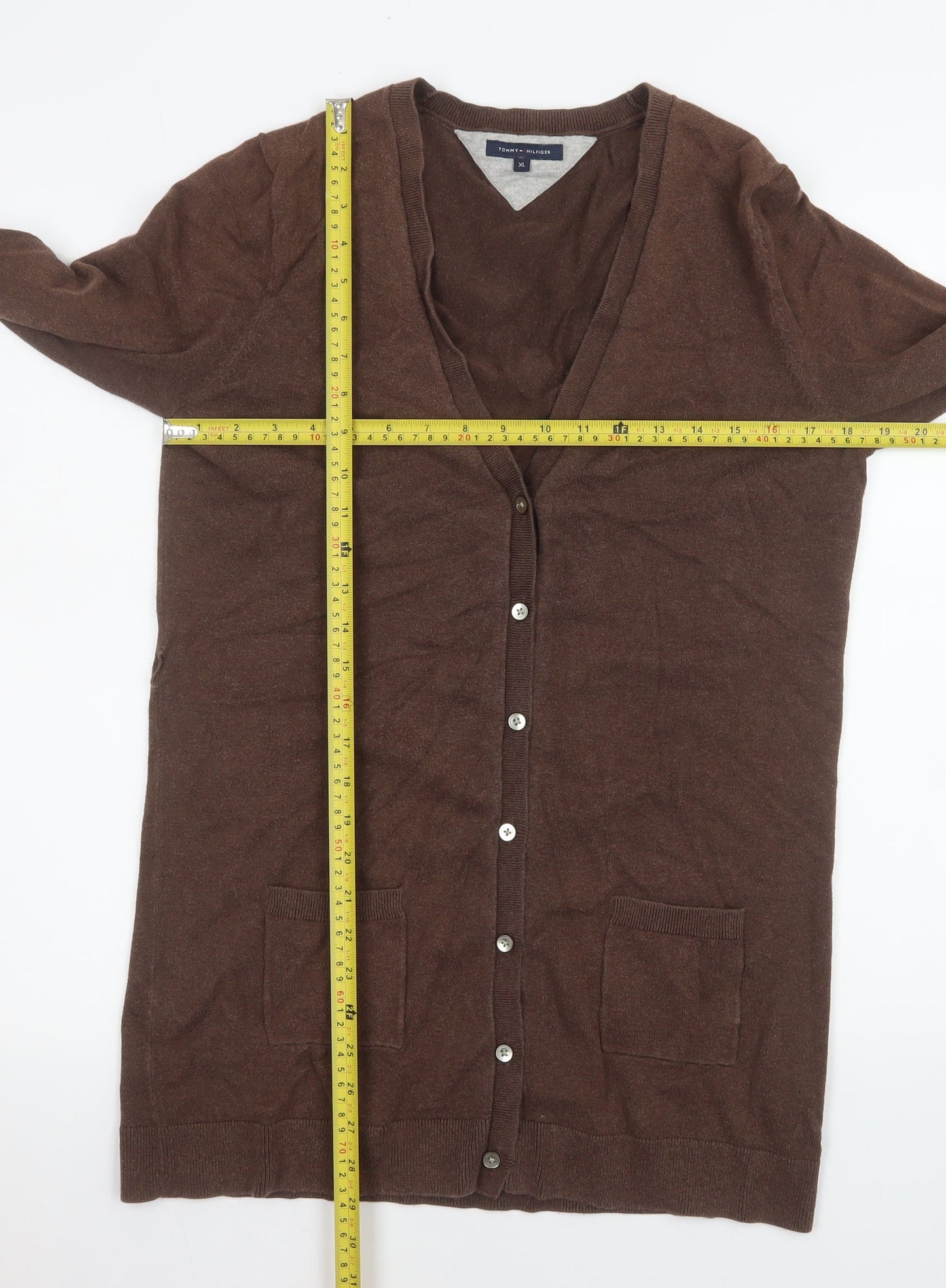 Tommy Hilfiger Women's Brown XL V-Neck Long Sleeve Cotton Cashmere Cardigan