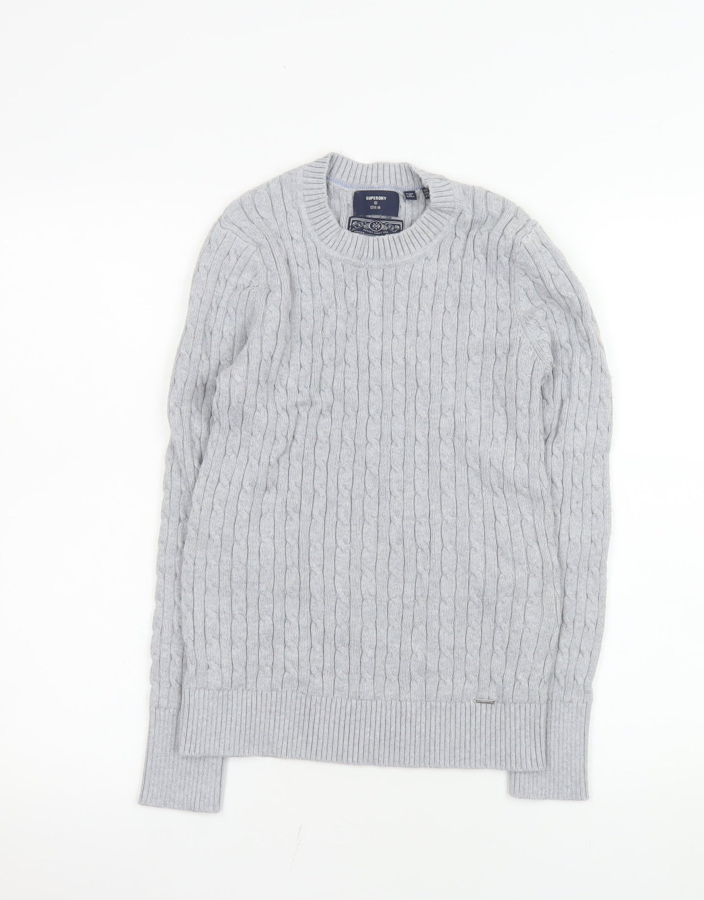 Superdry Men's Grey Cable-Knit Cotton Cashmere Crew Jumper M