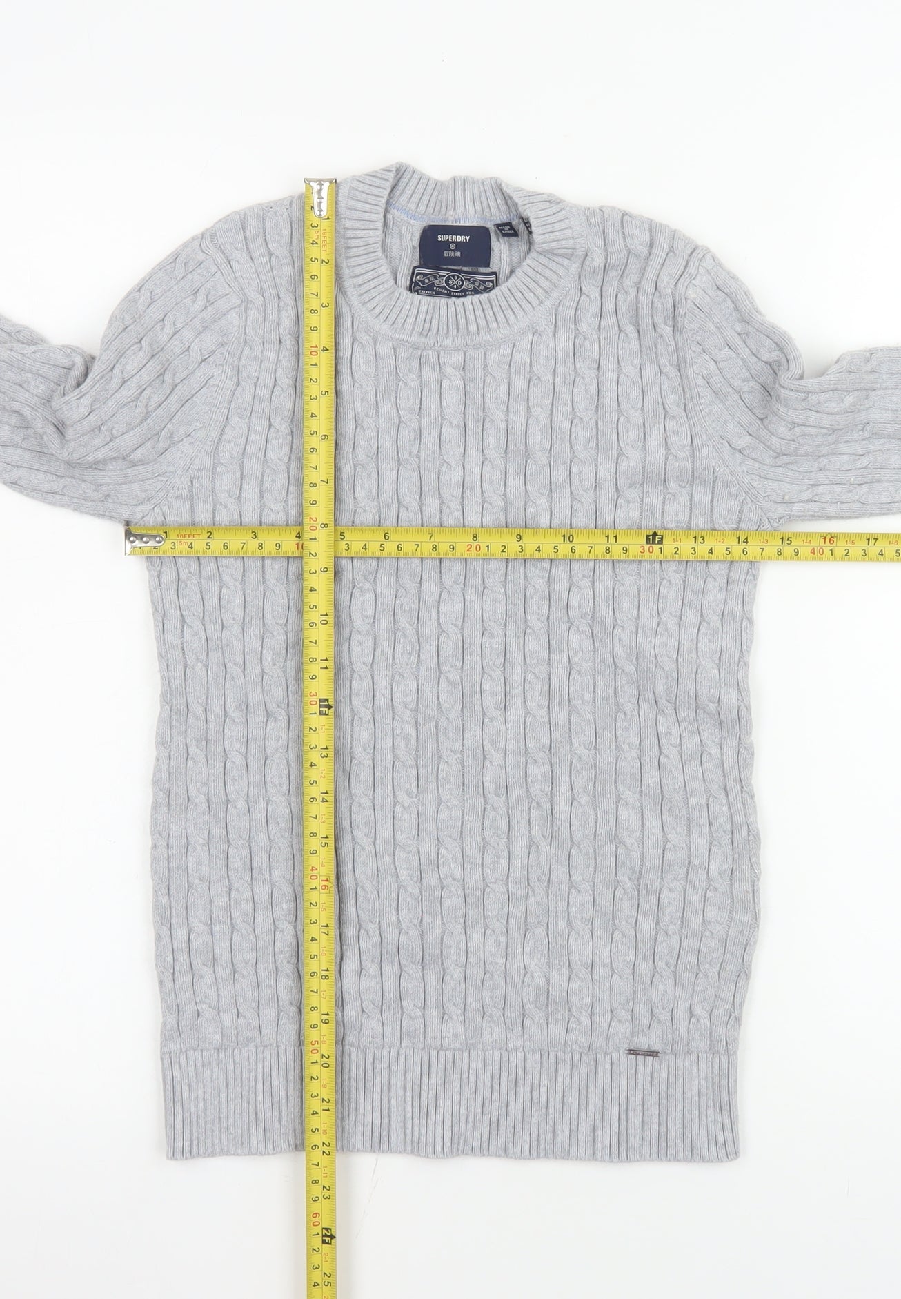 Superdry Men's Grey Cable-Knit Cotton Cashmere Crew Jumper M