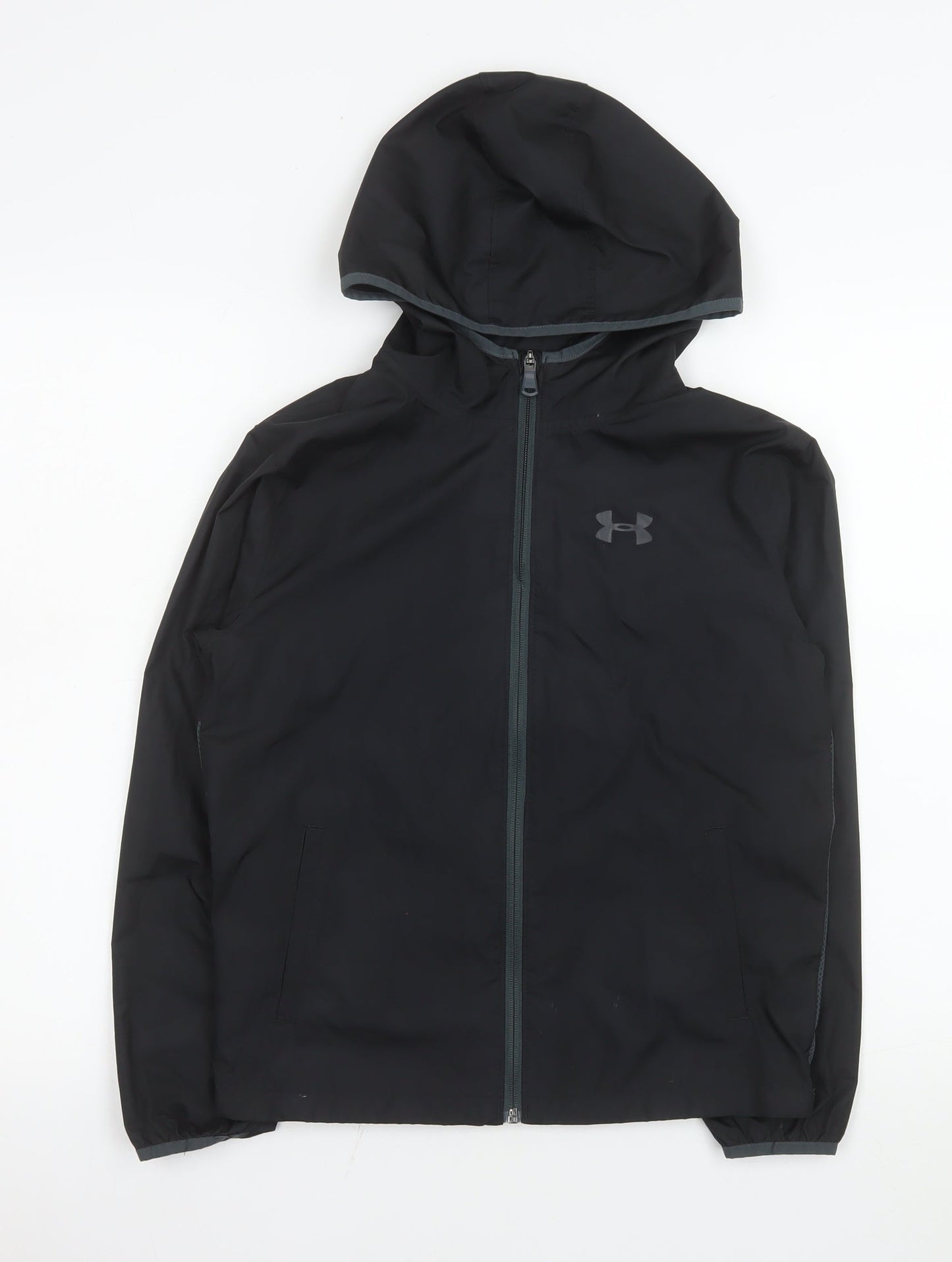 Under Armour Boys Black Windbreaker Hooded Jacket Size 10 Years