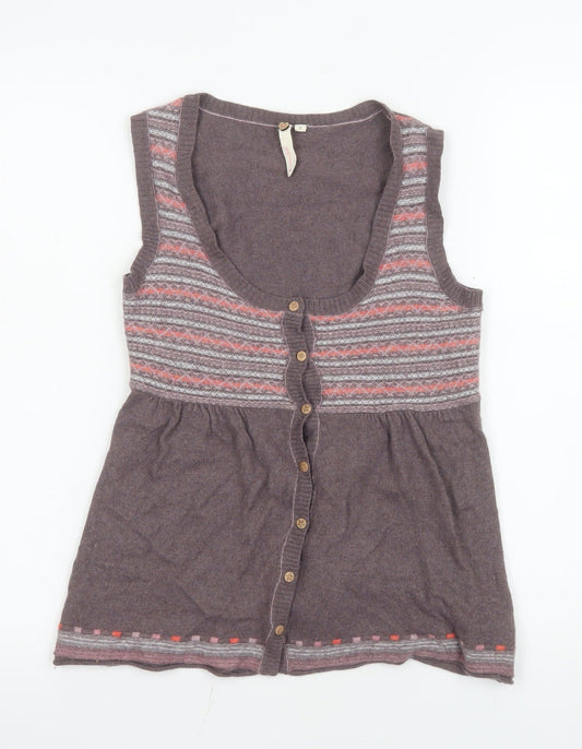 White Stuff Womens Brown Fair Isle Sleeveless Cardigan Size 8