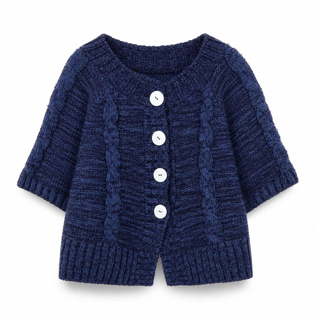 M&Co Women’s Blue Cable-Knit Petite Short Sleeve Cardigan Size S