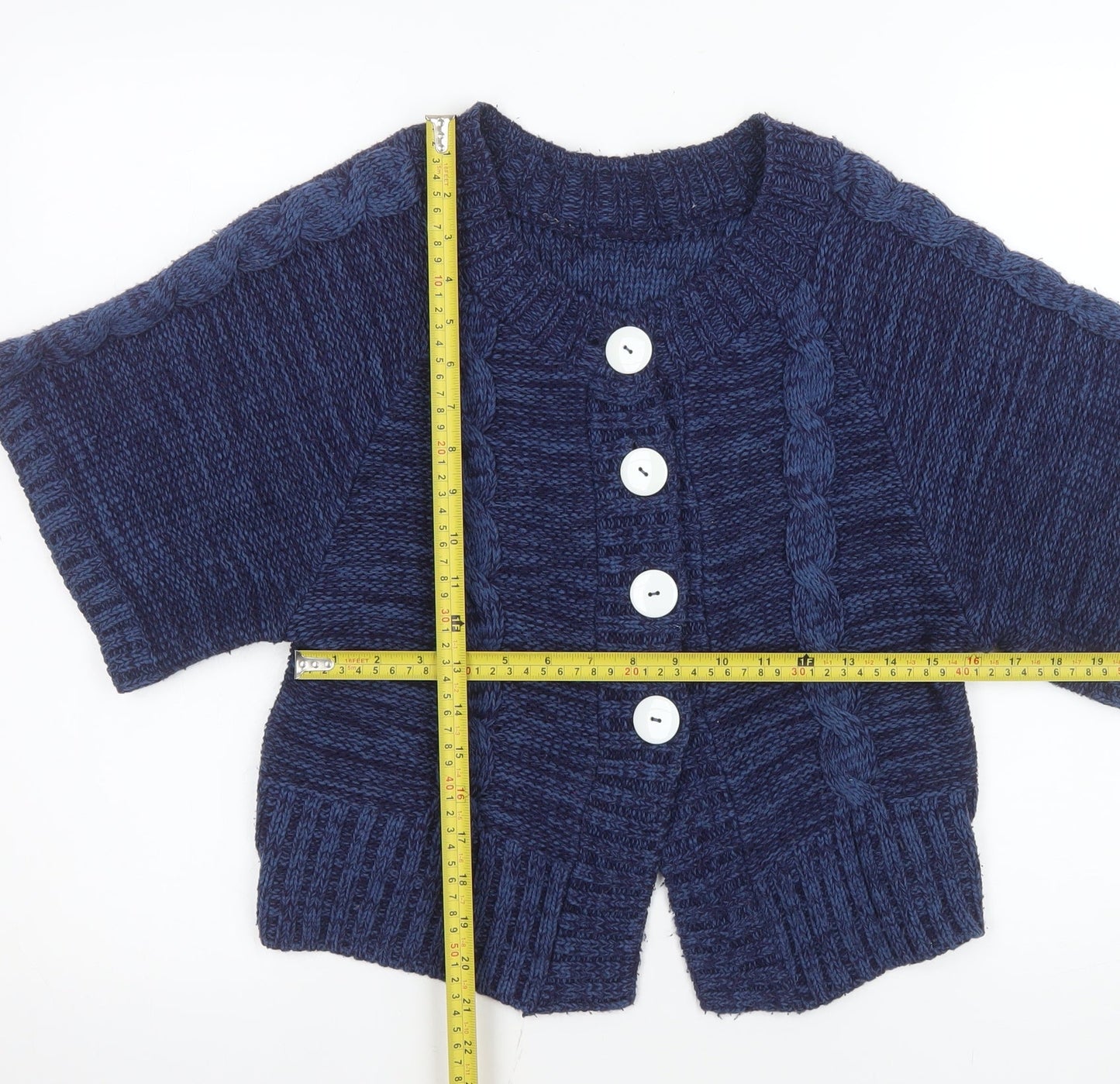 M&Co Women’s Blue Cable-Knit Petite Short Sleeve Cardigan Size S