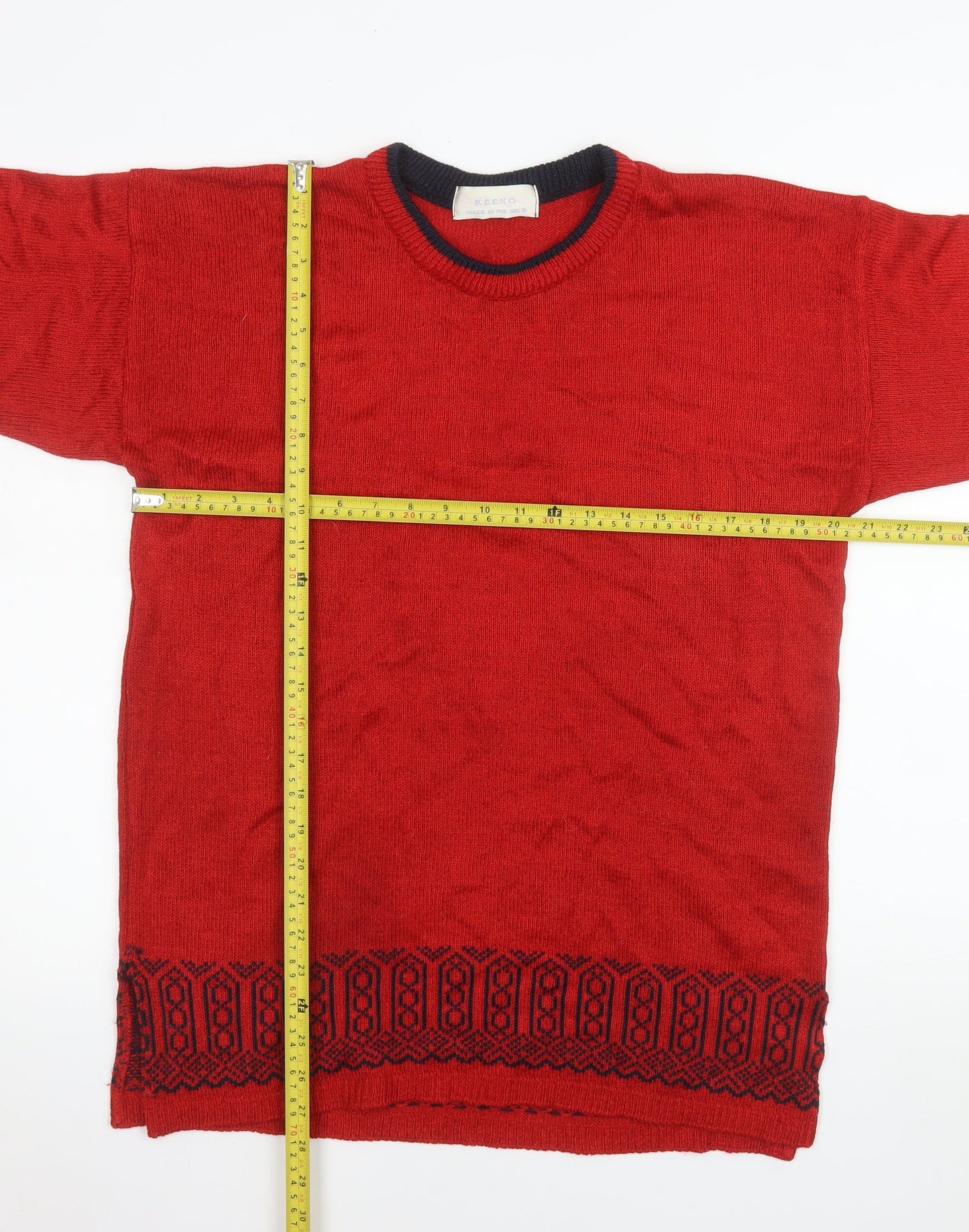 Keeno Men's Red Geometric Knit Crew Neck Pullover Jumper L