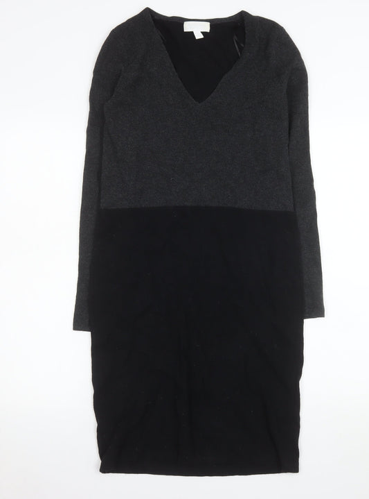 The White Company Women’s Black Knit Bodycon Dress Size 6 V-Neck Long Sleeve